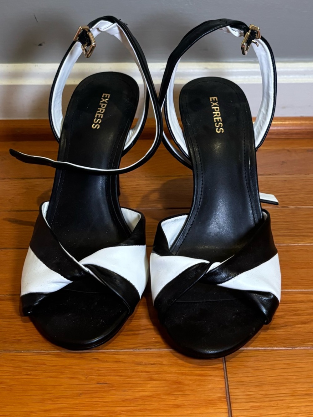Express Black and White Twisted Ankle-Strap Heels